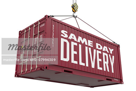 Same Day Delivery - Burgundy Cargo Container hoisted by hook, Isolated on White Background.