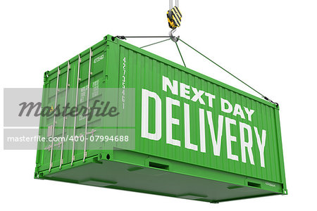 Next Day Delivery - Green Cargo Container hoisted by hook, Isolated on White Background.