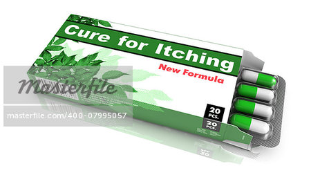 Cure for Itching, Pills Blister getting out from Green Box over White Background. Cure for Itching, Pills Blister getting out from Green Box over White Background.