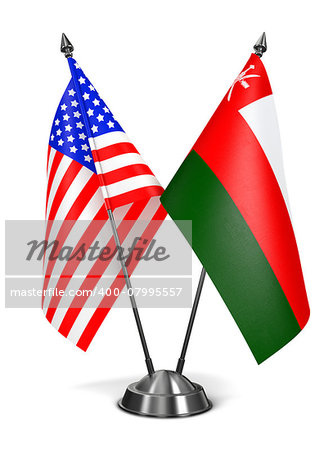 USA and Oman - Miniature Flags Isolated on White Background.