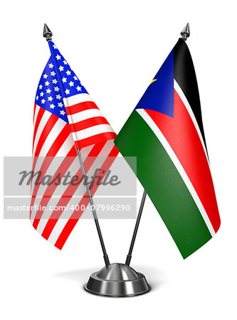 USA and South Sudan - Miniature Flags Isolated on White Background.