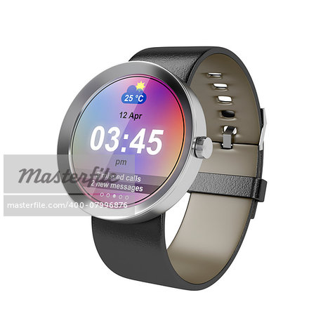 Silver smart watch with leather strap on white background