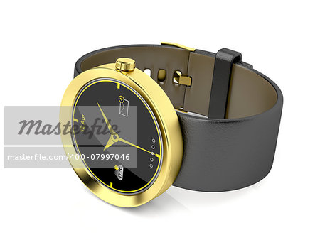 Gold smart watch on shiny white background