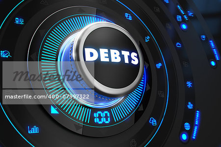 Debts Button with Glowing Blue Lights on Black Console.