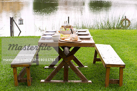 Picnic table set for meal outdoors