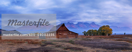 Moulton Barn with Teton Range at Sunrise in Autumn, Grand Teton National Park, Wyoming, USA