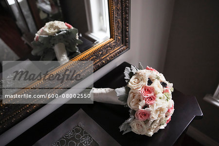 Bridal bouquet on table next to mirror, Wedding Day perparations, Canada