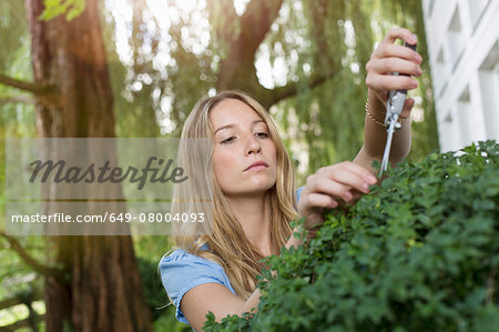 Young woman pruning bush in garden