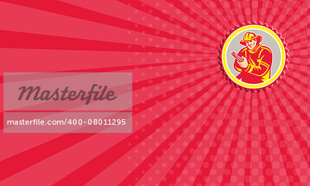 Business card showing illustration of a fireman fire fighter emergency worker holding aiming fire hose viewed from front set inside rosette shape on isolated background done in retro style.