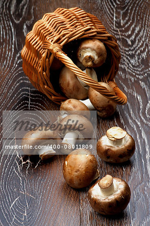 Fresh Raw Portabello Mushrooms Scattered from Wicker Basket closeup on Dark Wooden background