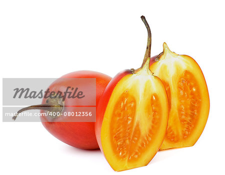 Exotic Tropical Fruits Two Halves and Full Body Tamarillo isolated on white background