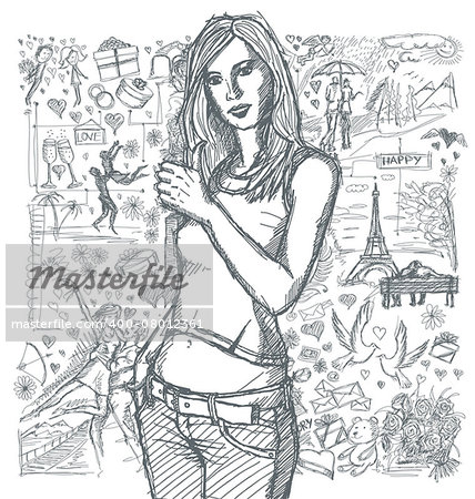 Love concept. Vector Sketch, comics style cute woman shows well done, against background with love story elements