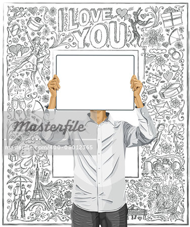 Love concept. Vector Man with write board in his hands against love story elements background
