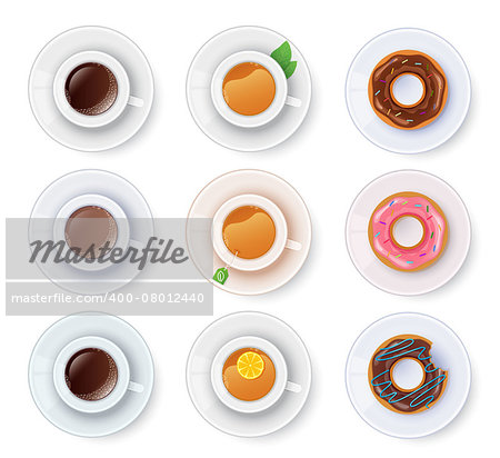 Vector illustration of Tea and coffee with donuts