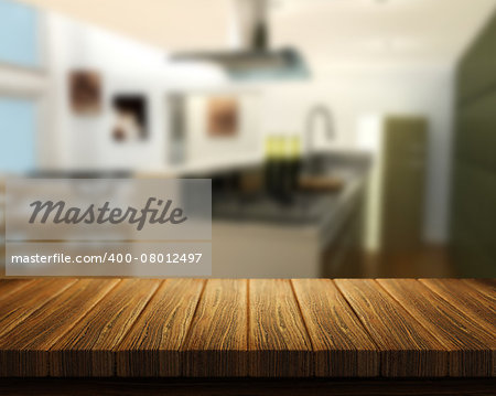 3D render of a wooden table with a kitchen in the background