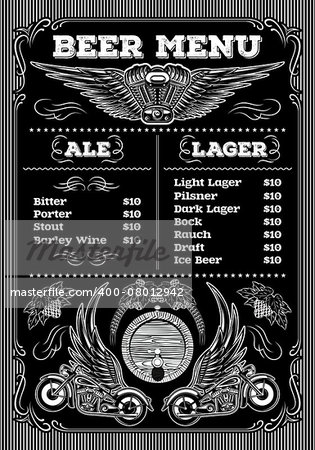 template for the beer menu on a black background with motorcycles and wings