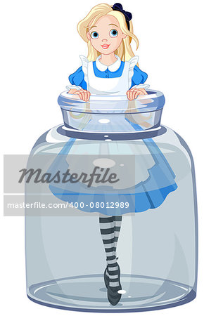 Alice stands in a transparent jar