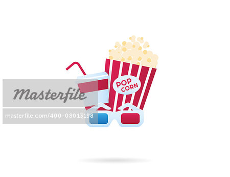 Cinema industry symbols. Pop corn, 3d glasses and paper cup