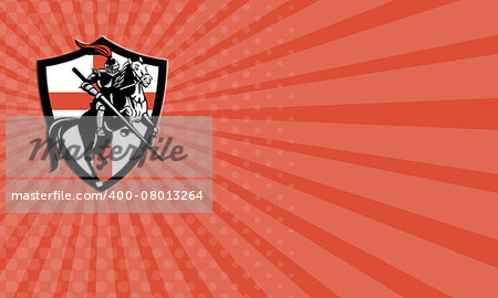 Business card showing illustration of knight in full armor riding a horse armed with lance and England English flag in background done in retro style.