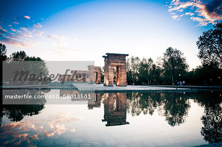 Madrid, Spain - May 10, The Temple of Debod (Templo de Debod) an ancient Egyptian temple rebuilt in Madrid with visiting tourists at dawn, Spain.