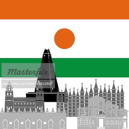 State flag and architecture of the country. Illustration on white background.