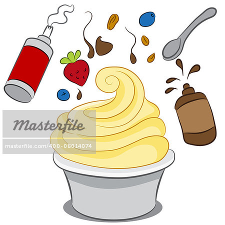 An image of a cup of frozen yogurt with condiments.