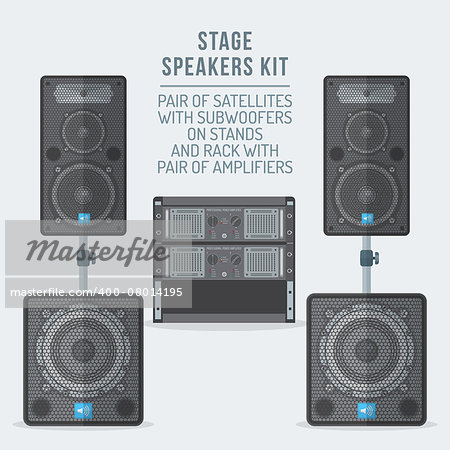 vector colored flat design loudspeakers kit satellites on stands with subwoofer and amplifiers rack illustration