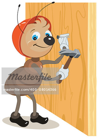 Ant builder hammers a nail hammered into a wooden board. Illustration in vector format