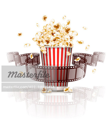 Jumping popcorn and film-strip film. Eps10 vector illustration. Isolated on white background