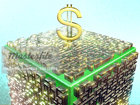 Silver maze with gold dollar sign on a grassy color cube. Fractal art graphics.