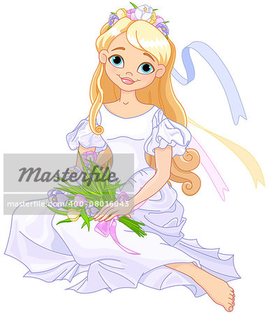 Illustration of beautiful princess holds bouquet of crocus