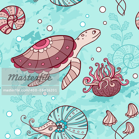 Vector marine seamless pattern with turtle and nautilus