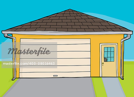 Single hand drawn cartoon yellow garage with broken window