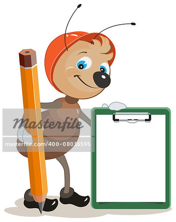 Ant builder holds clipboard and large pencil. Illustration in vector format