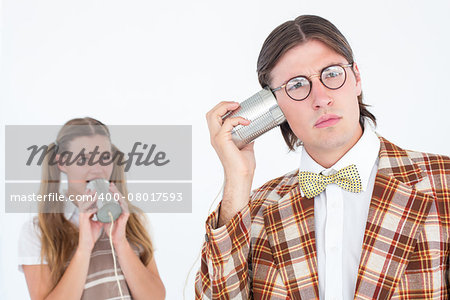 Geeky hipsters using string phone on white background