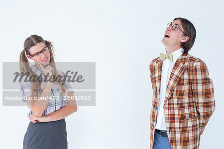Thoughtful geeky hipsters on white background