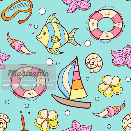 Summer marine seamless pattern with boat, fish and lifebuoy