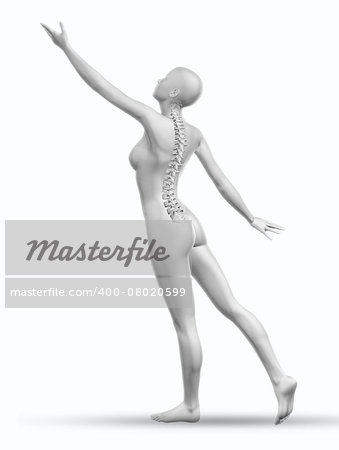 3D render of a female figure reaching with her spine exposed