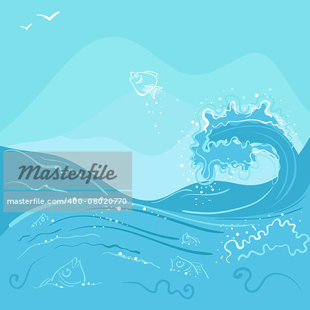 Fish jumping out of the ocean wave. Illustration in vector format