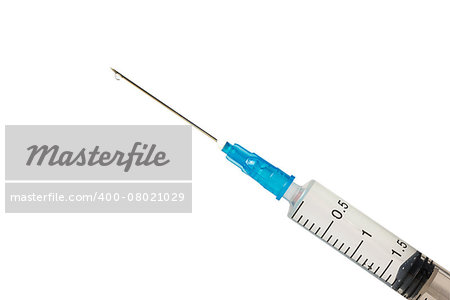 Disposable syringe with drop on needle isolated on white with clipping path