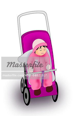 A little baby girl sleeping in a stroller.