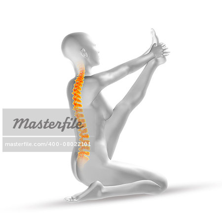 3D render of a female medical figure with spine in yoga positon