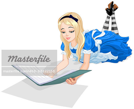 Illustration of Wonderland Alice reading a book