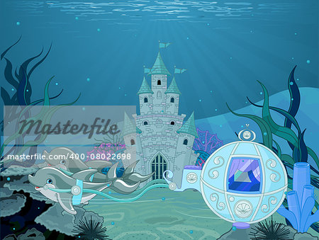 Illustration of fairytale dolphin carriage on ocean background with castle