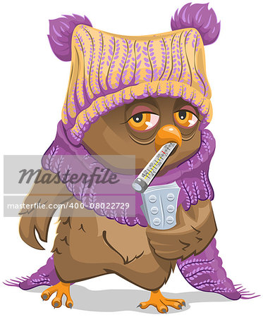 Patient owl holding a thermometer and pills. Illustration in vector format