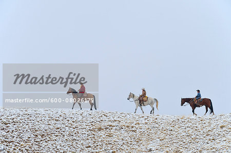 Cowboy with Two, Young Cowboys riding horses along Horizon in snow, Rocky Mountains, Wyoming, USA
