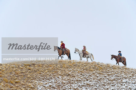 Cowboy with Two Young Cowboys riding along Horizon with Snow, Rocky Mountains, Wyoming, USA