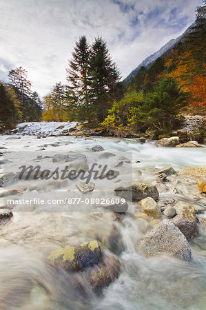 France, Midi Pyrenees, Hautes Pyrenees, River and Lutour valley in autumn