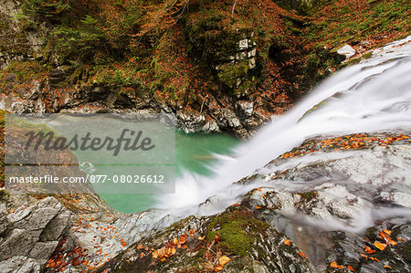 France, Aquitaine, Pyrenees Atlantiques, View overlooking a large waterfall on Bious river