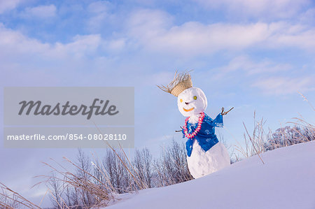 Snowman Wearing An Hawaiian Outfit In A Snowcovered Field;Anchorage Alaska Usa